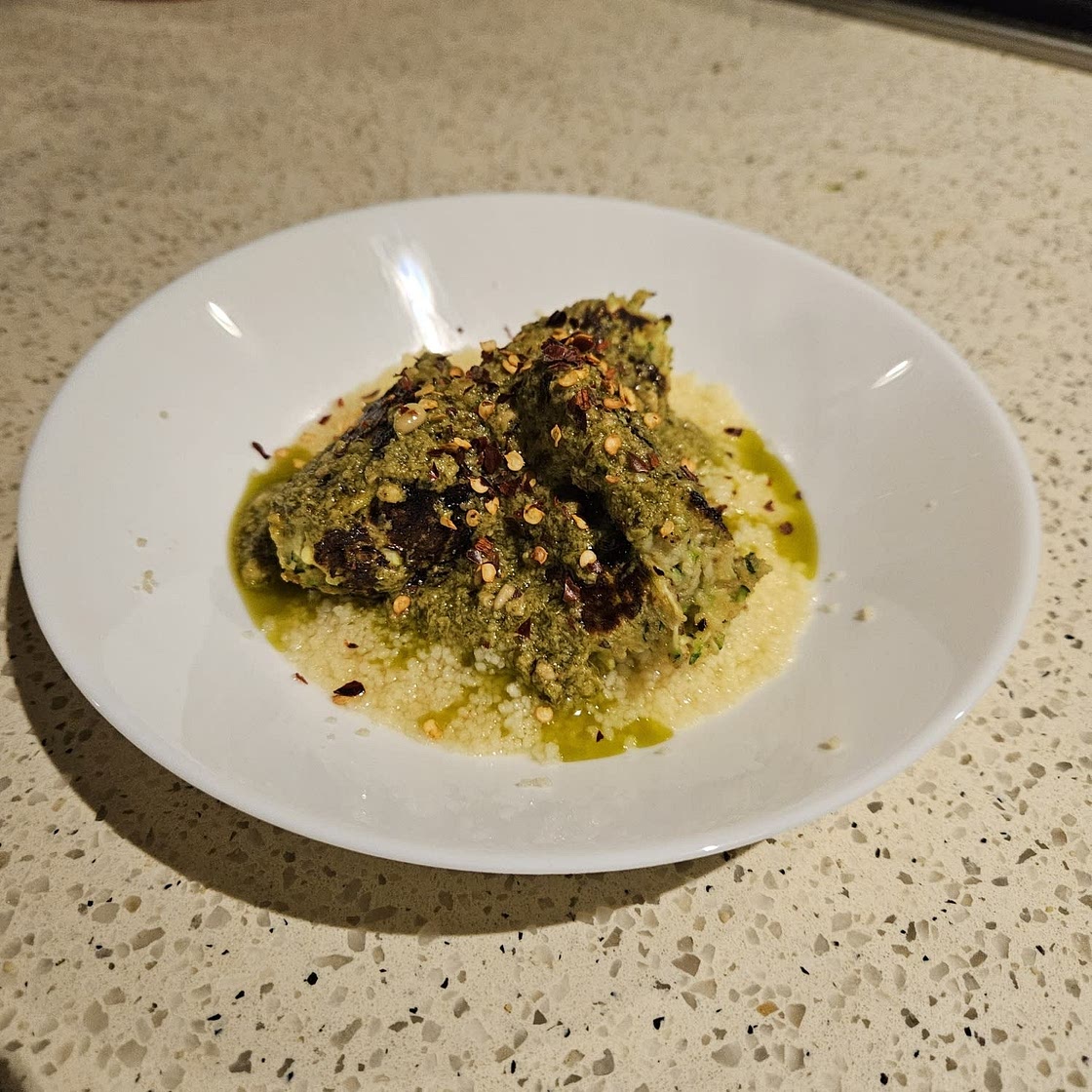 Zucchini Meatballs with Couscous and Basil Oil