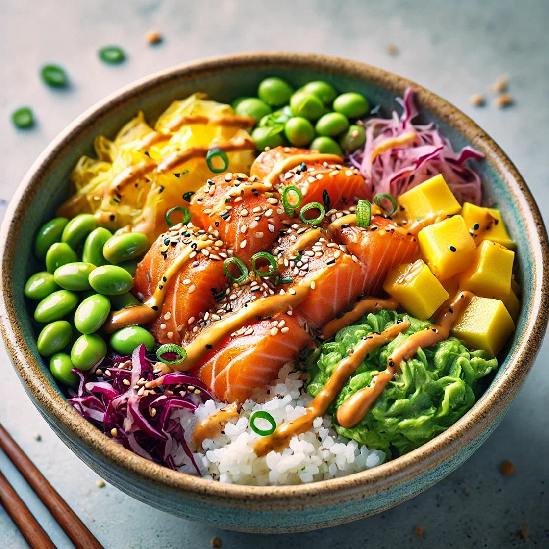 Poké bowl saumon sauce cacahuète