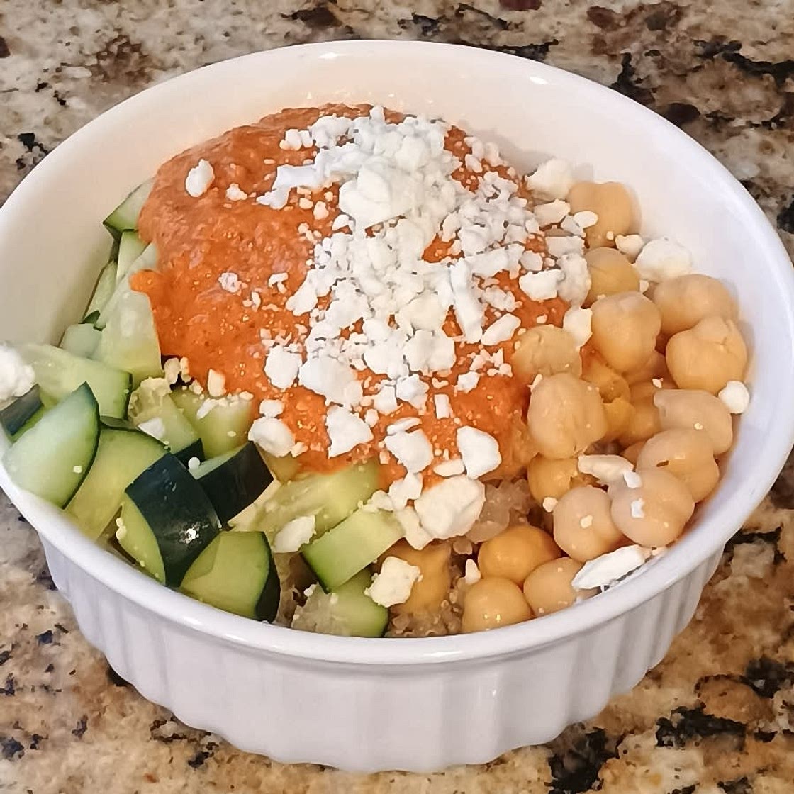 Chickpea & Quinoa Bowl with Roasted Red Pepper Sauce