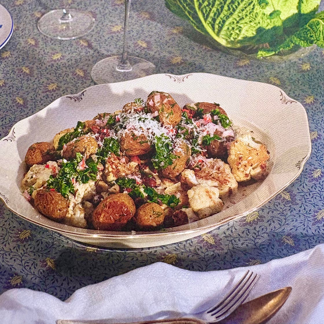 Parmesan-Baked Cauliflower, Roasted Potatoes, Brown Butter Sauce, Chimichurri, and Hazelnuts