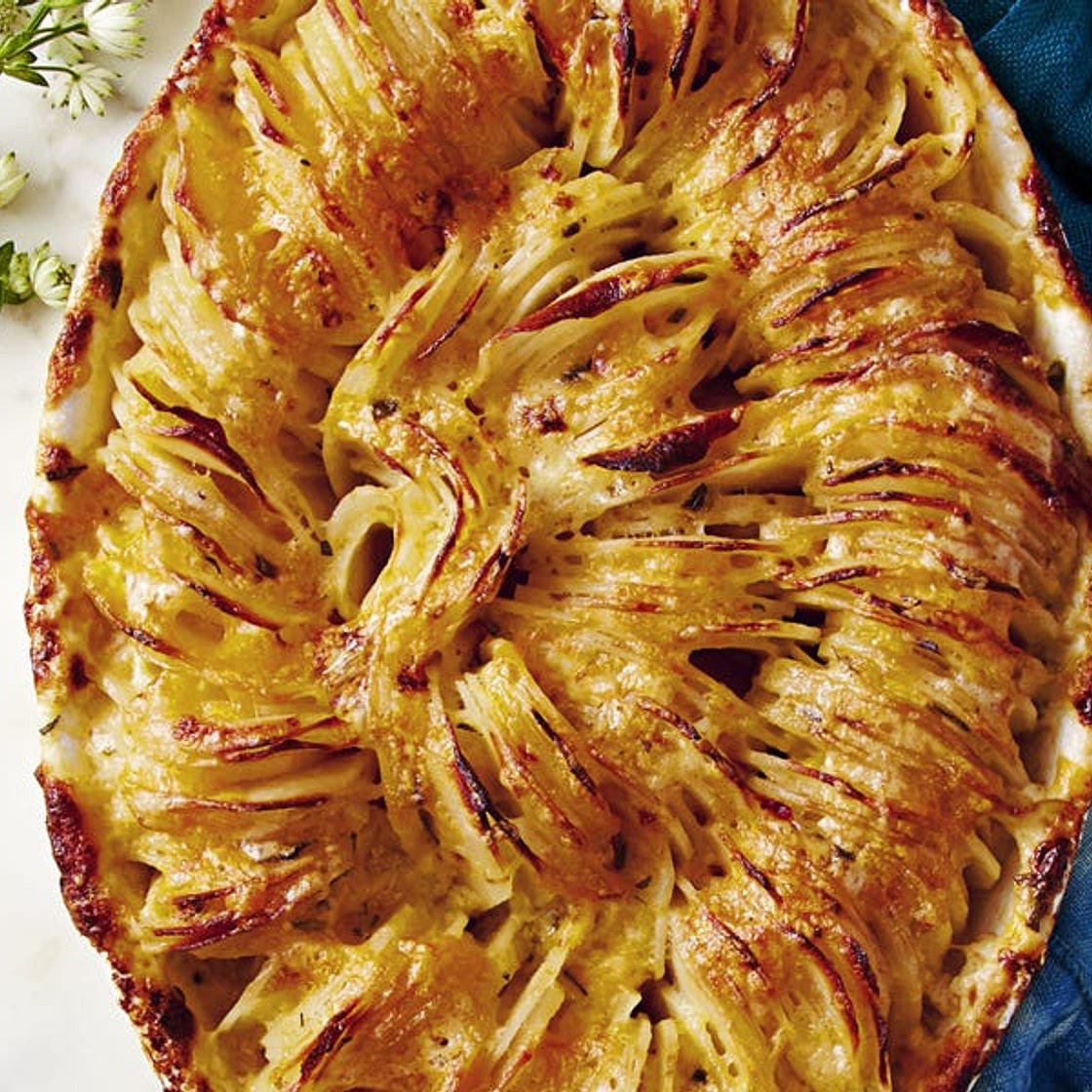 Scalloped Hasselback Potatoes With Cheddar