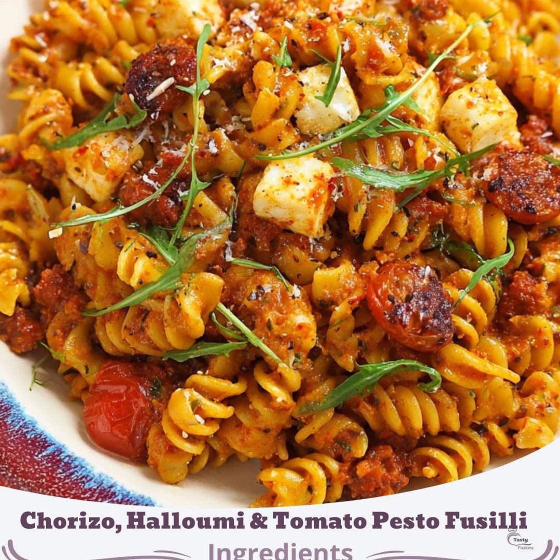 Chorizo, Halloumi & Tomato Pesto Fusilli 🌶️🧀🍅
