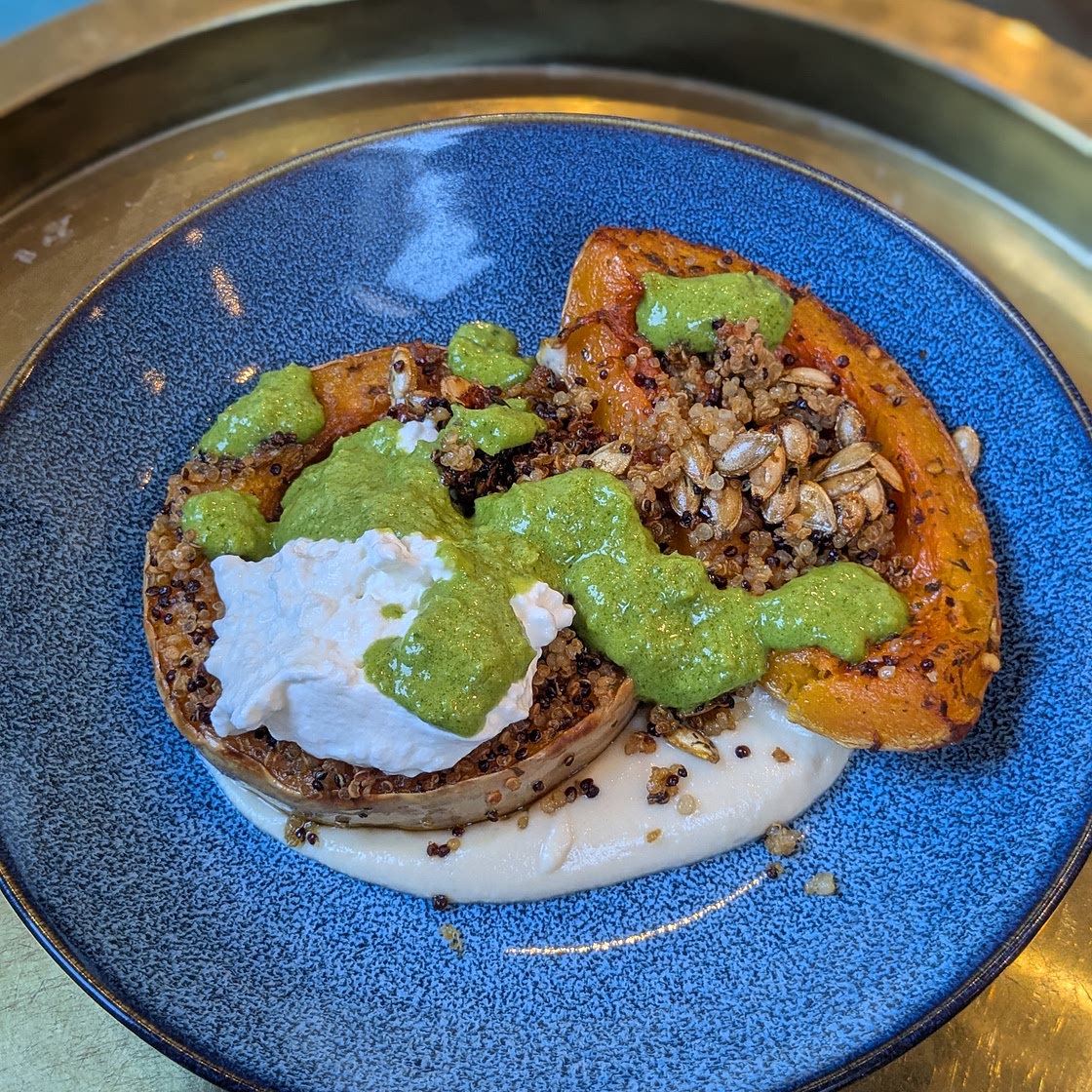 Roast squash, quinoa, butter bean purée, cottage cheese, green sauce