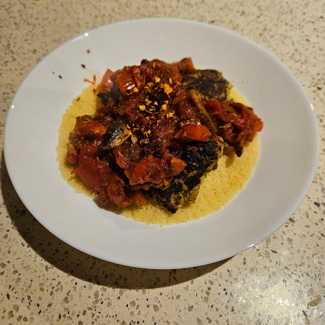 Zucchini Meatballs with Couscous and Mushroom Ragu