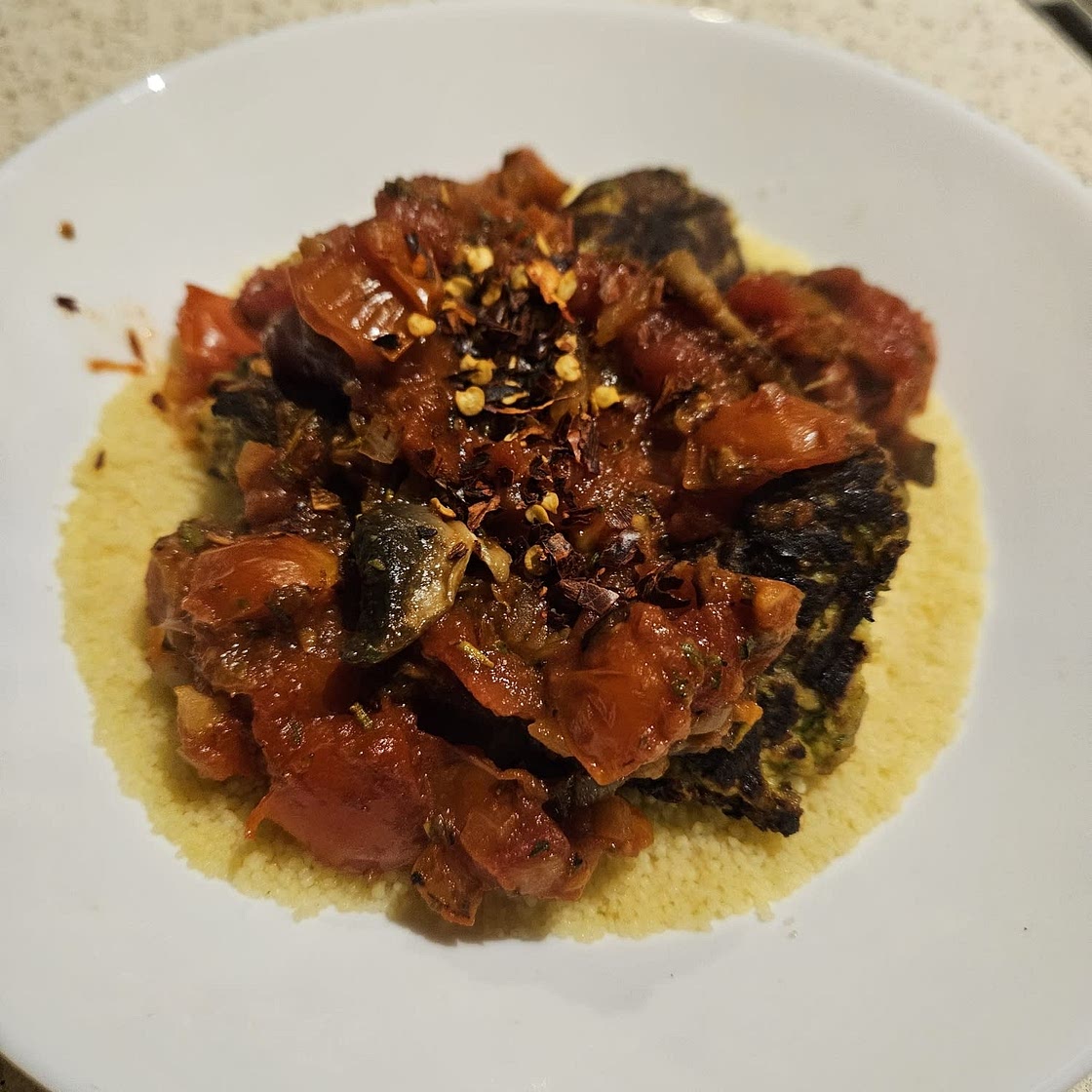 Zucchini Meatballs with Couscous and Mushroom Ragu