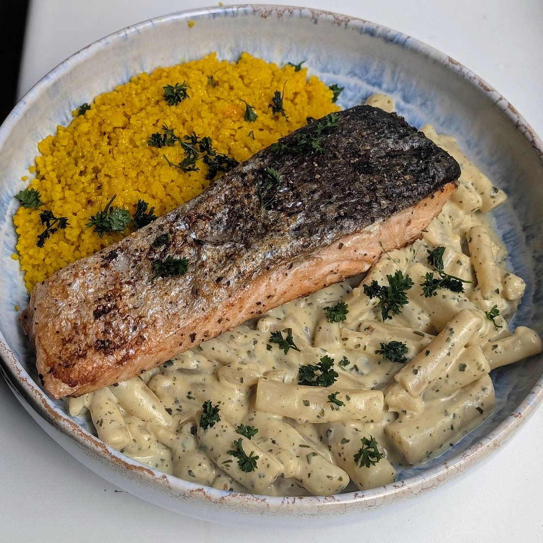 Salmon with Honey Mustard & Tarragon Black Salsify and Turmeric Millet