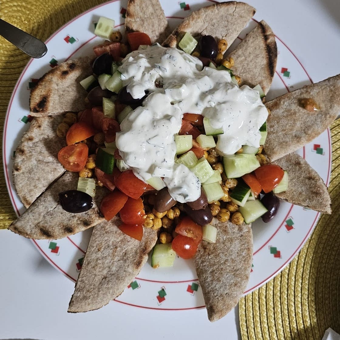 Vegan Mediterranean Nachos with Shawarma Chickpeas, Tzatziki, Pita Bread