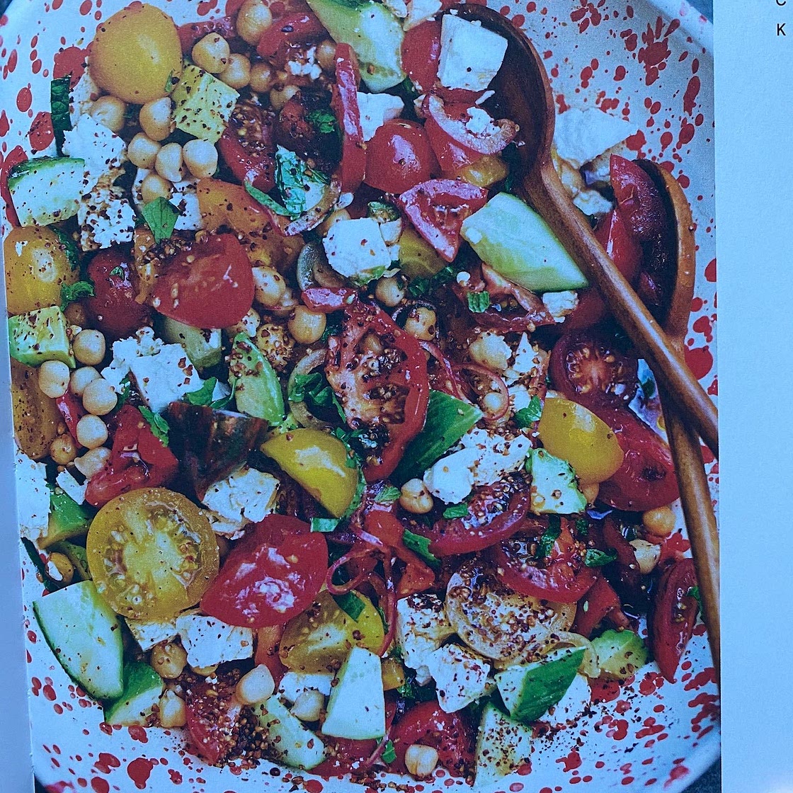 Slice Chop Drizzle (Tomato feta chickpea) salad 