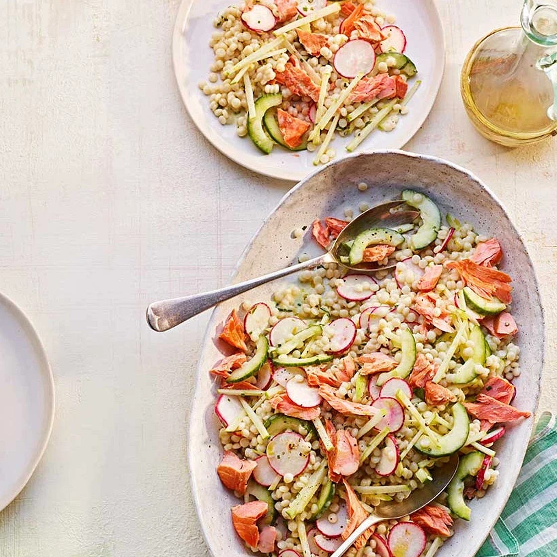 Pearl couscous salad with hot smoked trout & buttermilk dressing