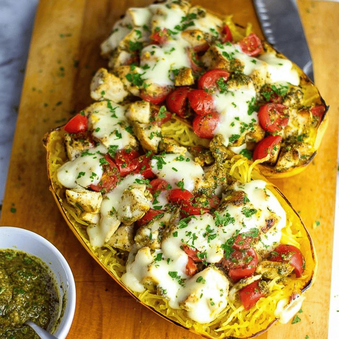 Chicken Pesto Spaghetti Squash Recipe - Tent Trail Camping