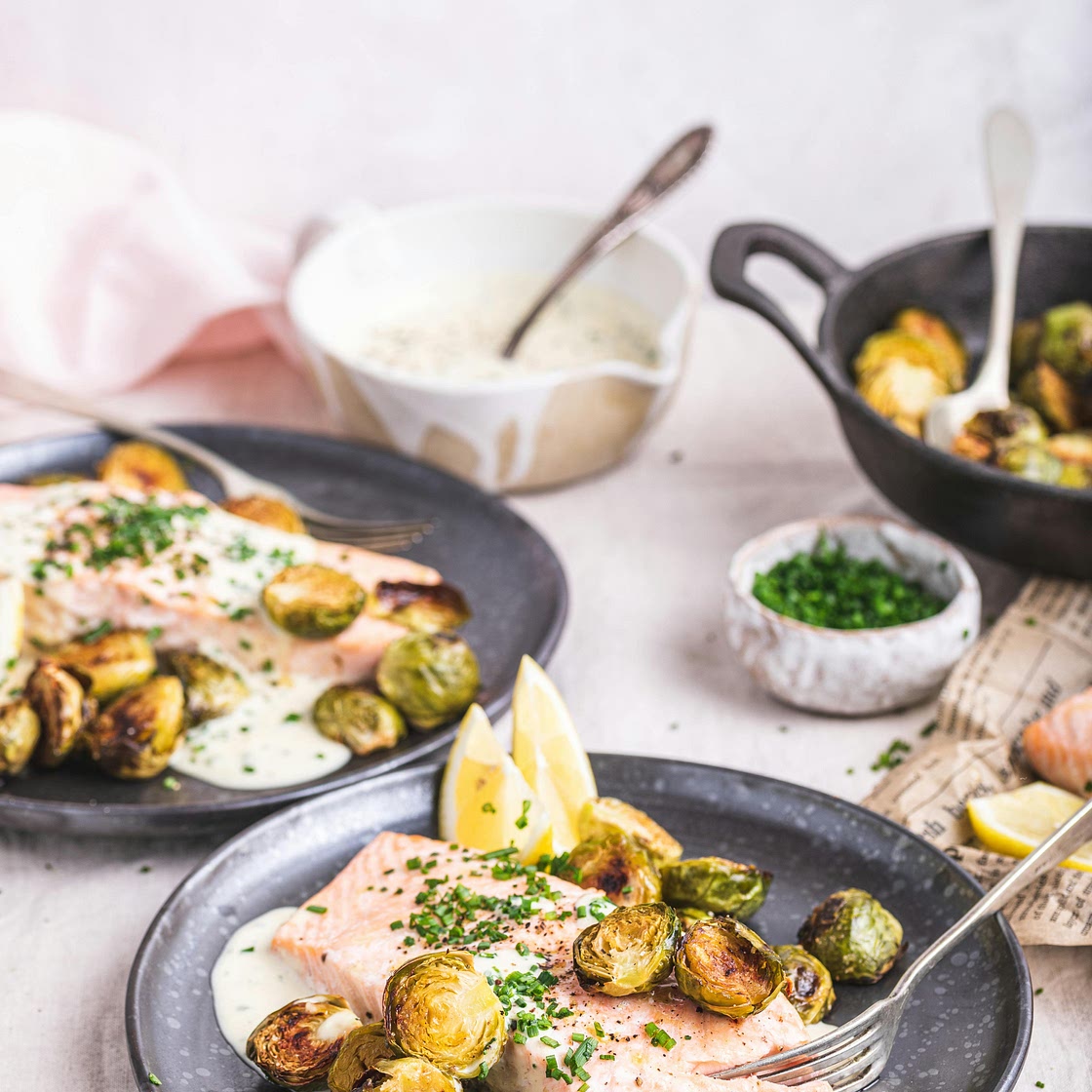 Salmon, horseradish sauce & Brussels sprouts — Recipe — Diet Doctor