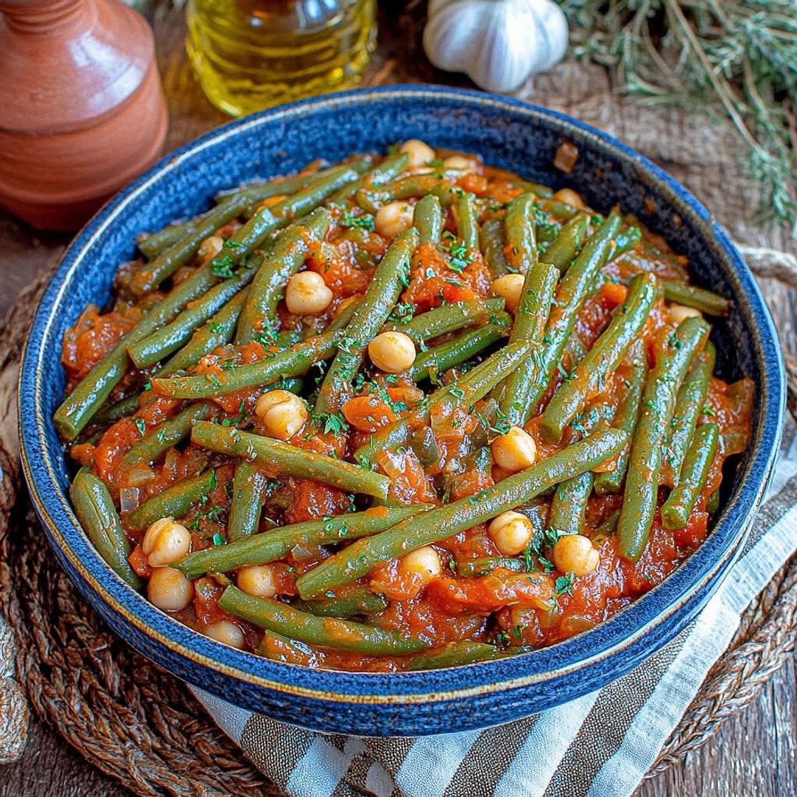 Haricots verts mijotés à la tomate et pois chiches