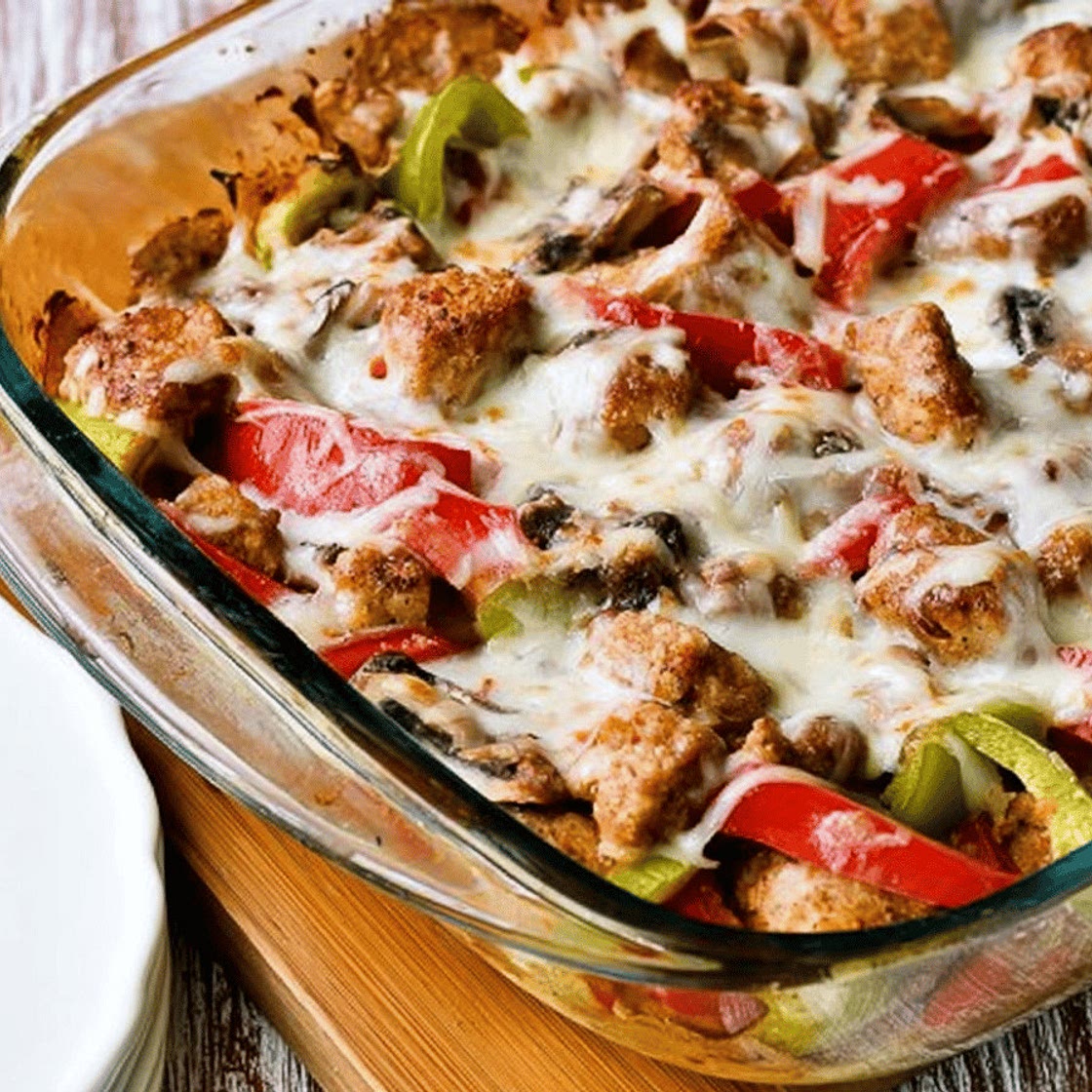 Sausage Peppers Mushrooms Low-Carb Cheesy Bake - Tent Trail Camping