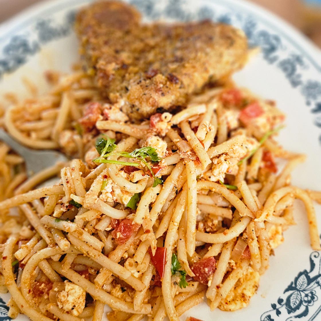 Feta Tomato Pasta with Crispy Chicken