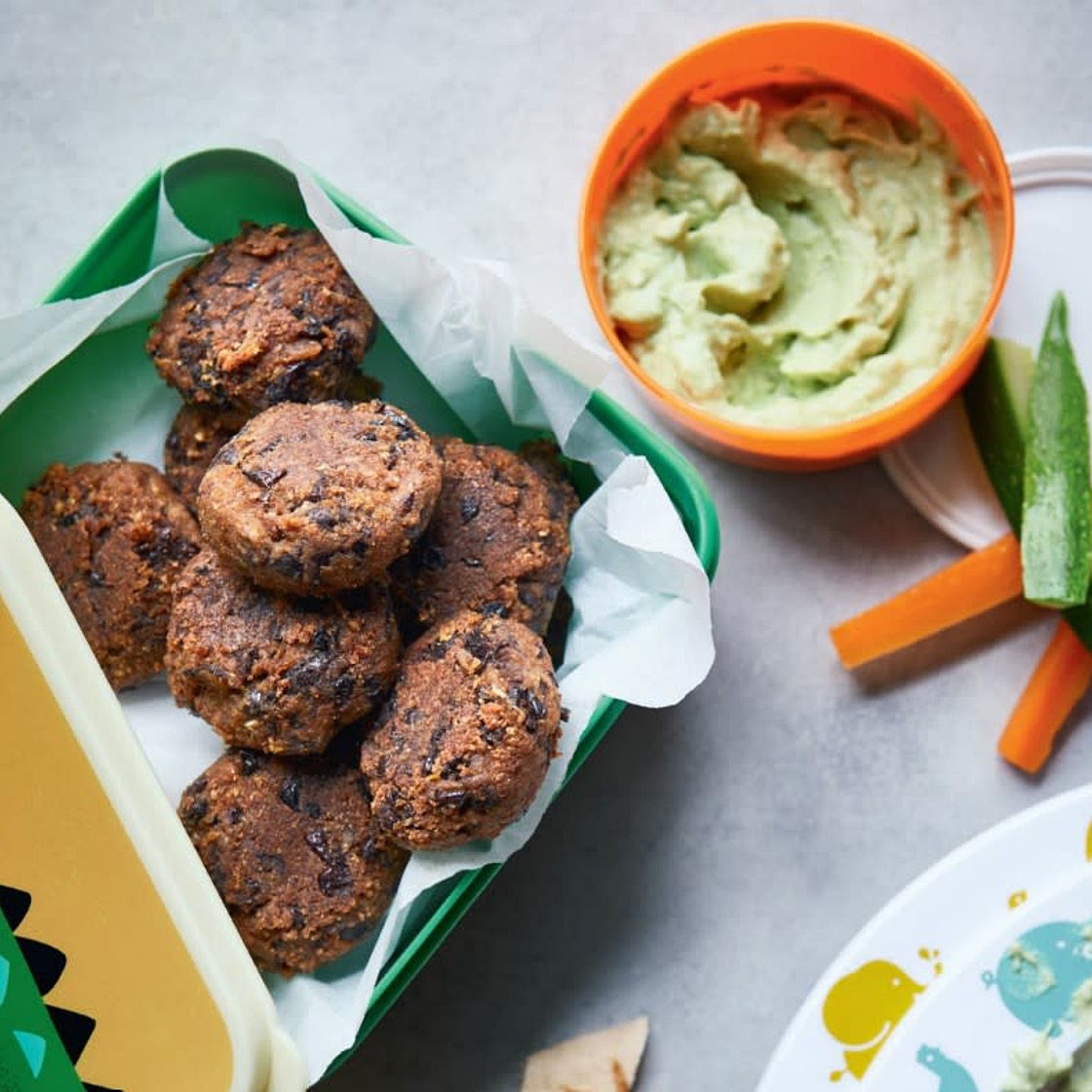 Mexican falafel black bean bites with a yoghurt and avocado dip