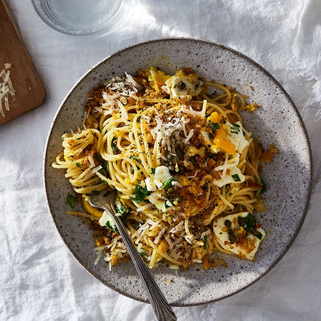 Rhonda's Spaghetti with Fried Eggs and Pangrattato for One
