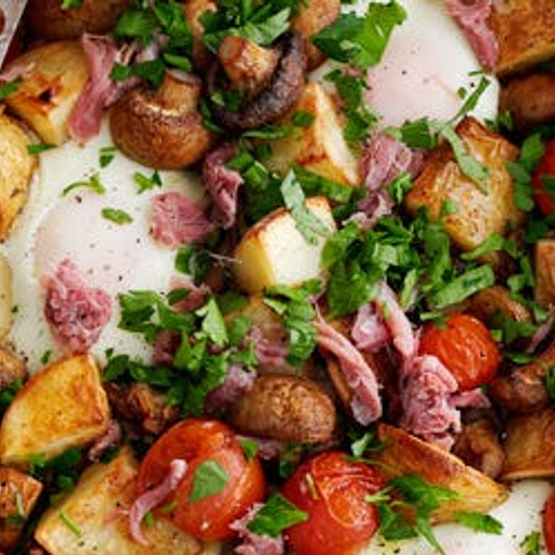 Healthy ham, egg and chips