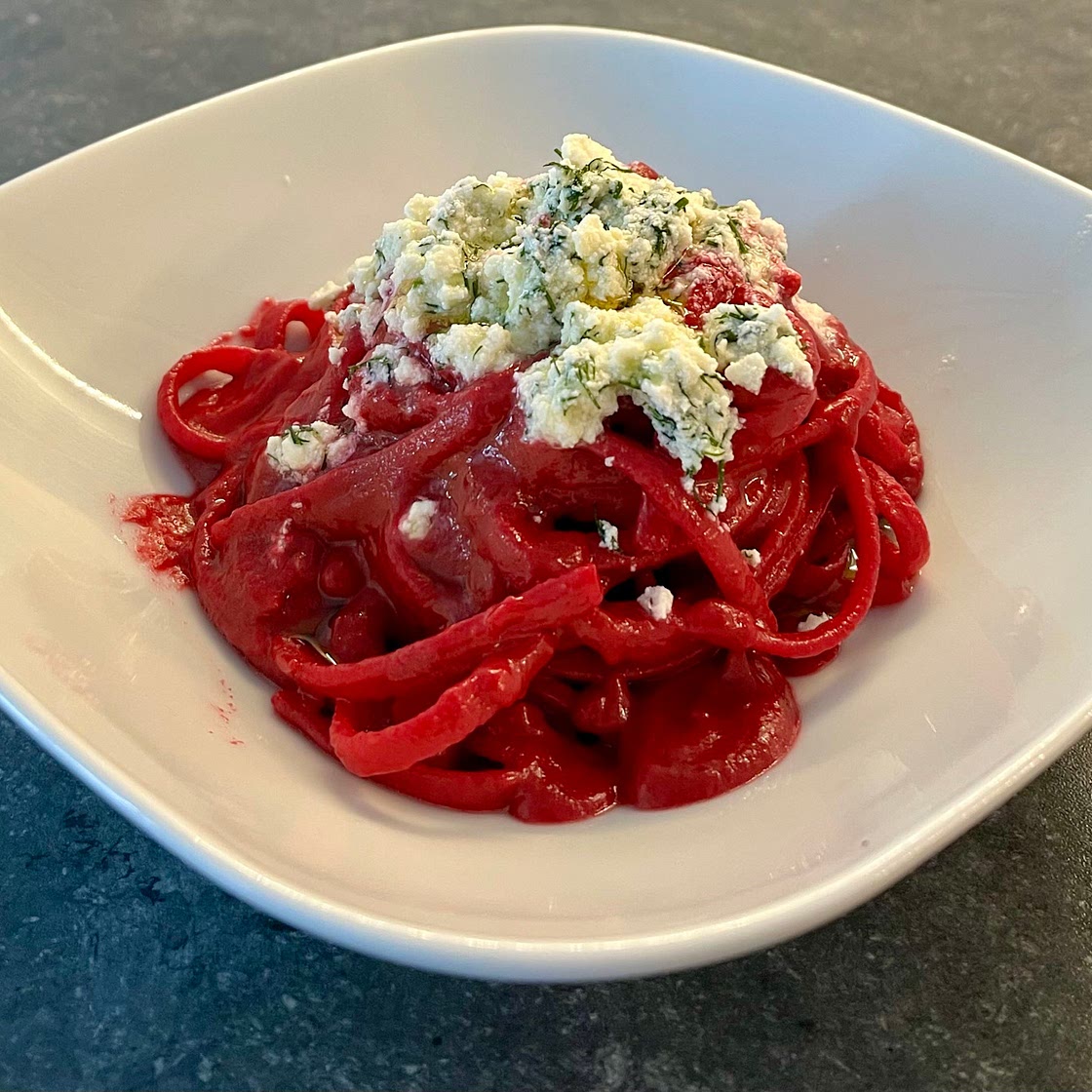 Beetroot and feta linguine