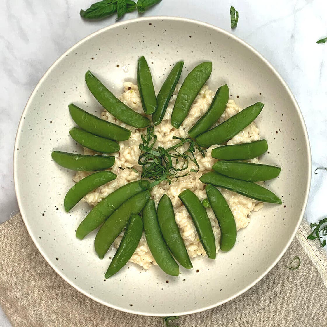 Two Cheese Risotto with Sugar Snaps