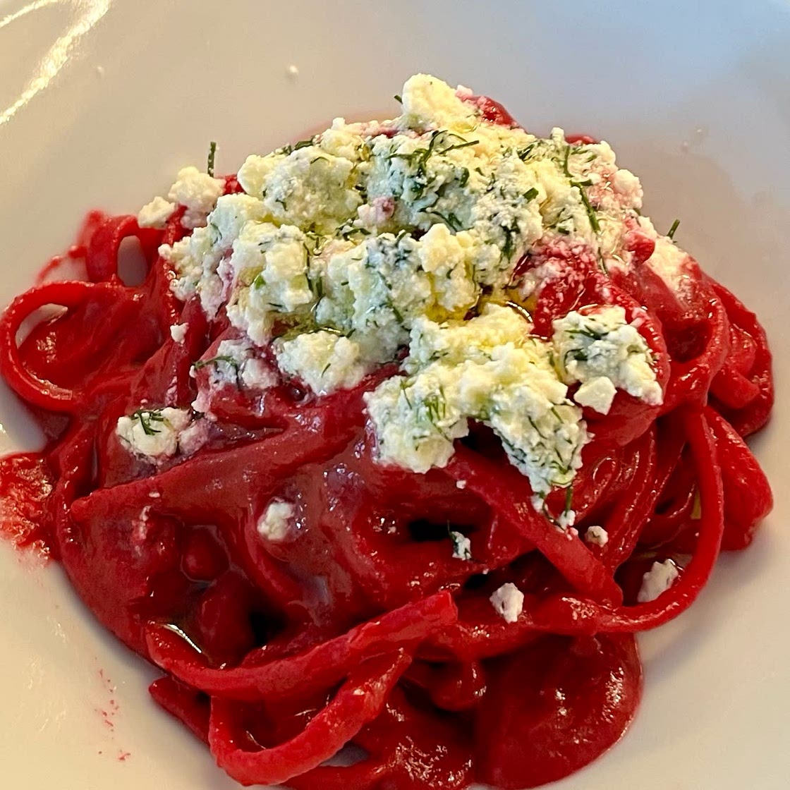 Beetroot and feta linguine