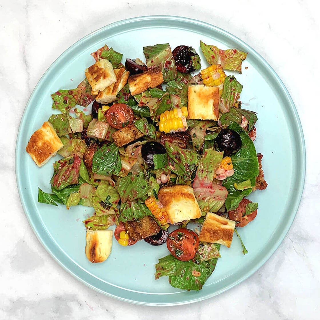 Cherry and Romaine Salad with Halloumi