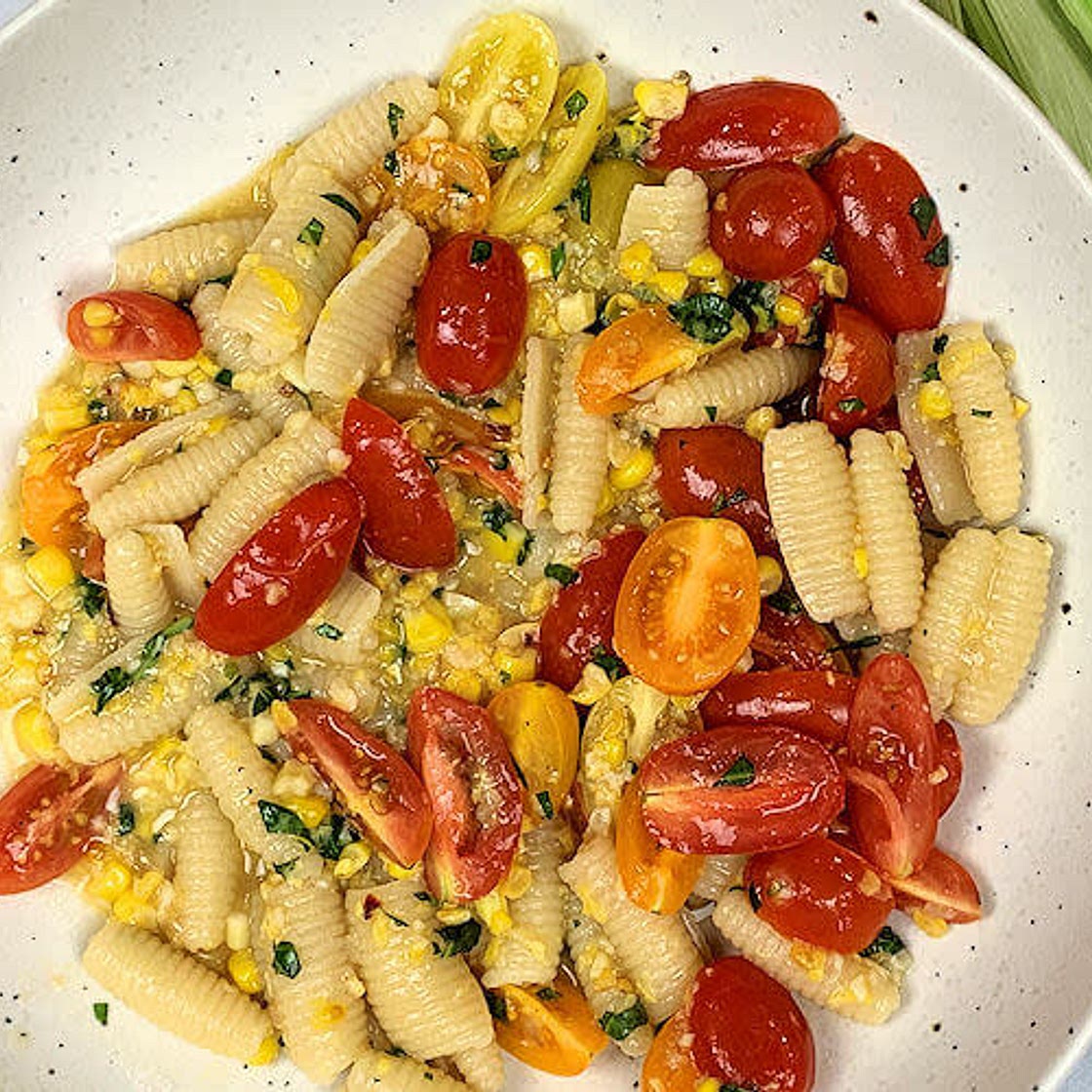 Summer Corn Tomato Pasta with Basil