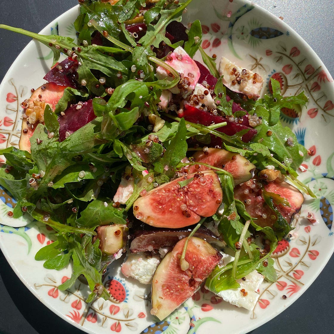 Fig, beetroot, goats' cheese, chilli & walnut salad