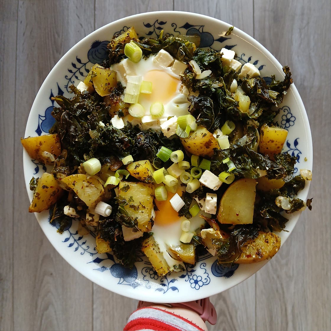 Kale, Potatoes and eggs breakfast