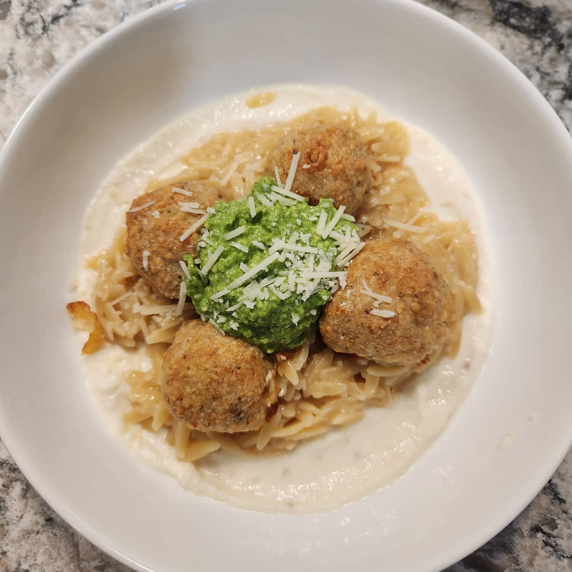 Whipped Ricotta Lemon Orzo with Chicken Meatballs and Pesto