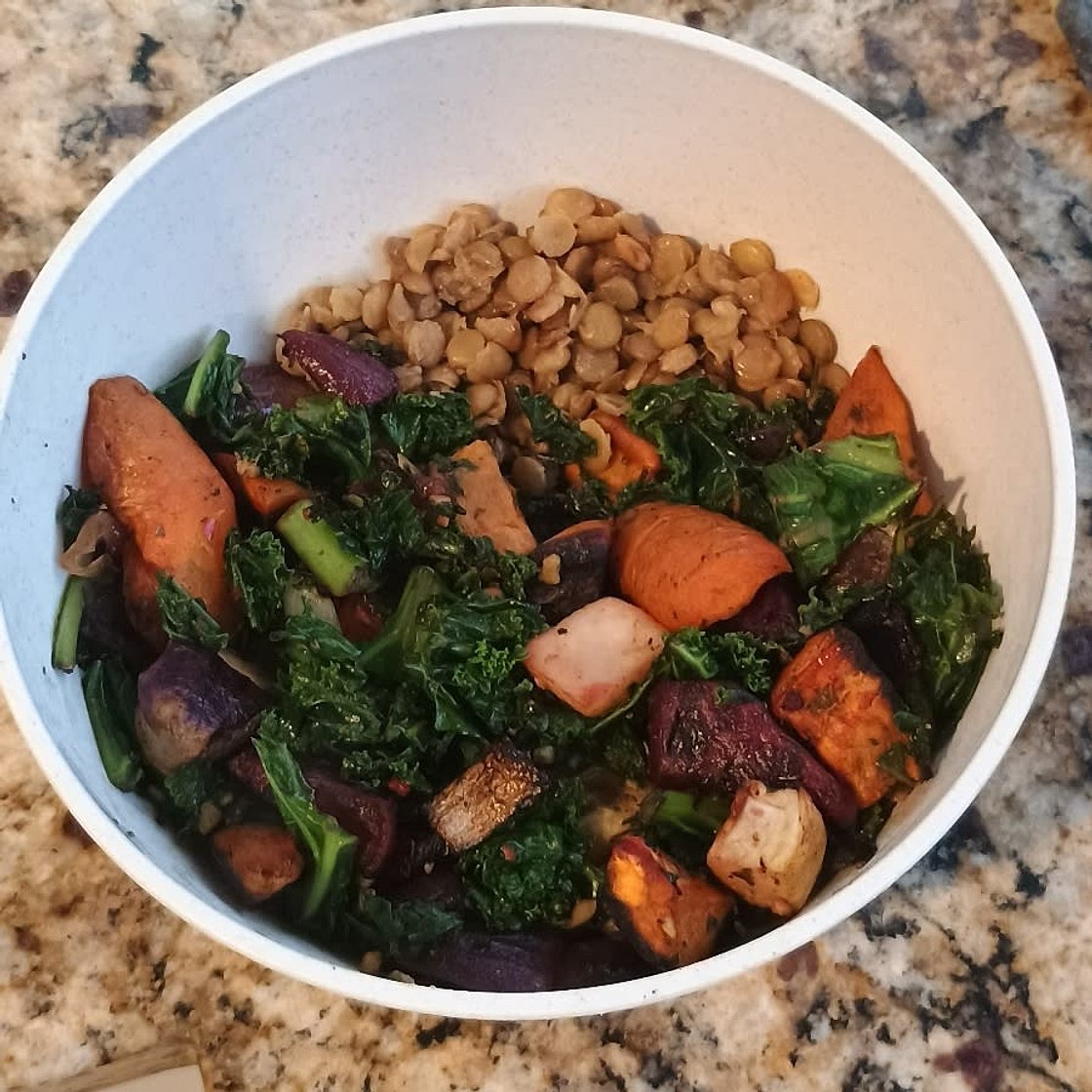 Roasted Root Veggies & Greens over Spiced Lentils