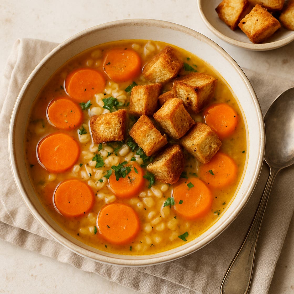 Karotten-Gerstensuppe mit Brotcroutons