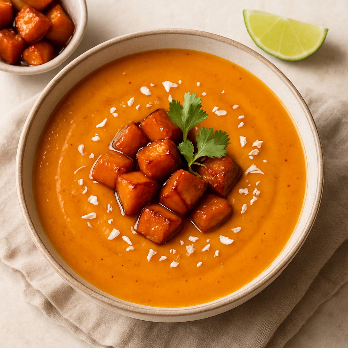 Süßkartoffel-Kokossuppe mit Karamell Mais