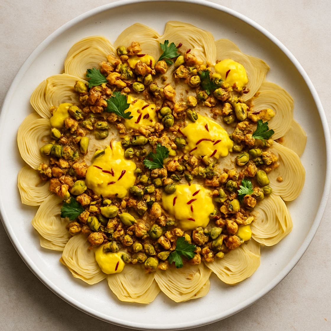 Artichokkenherzen-Carpaccio mit Mandel-Pistazien Crumble und Safran-Joghurt
