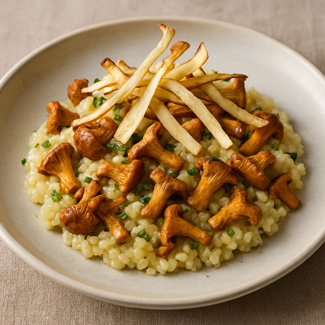Pfifferling-Risotto mit Topinambur-Chips