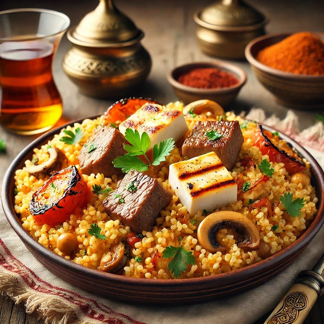 Turkish Bulgur Pilaf with Lamb, Halloumi & Mushrooms
