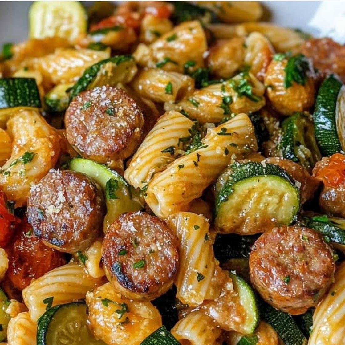 Chicken Sausage with Zuchinni, Tomatoes, and Pasta