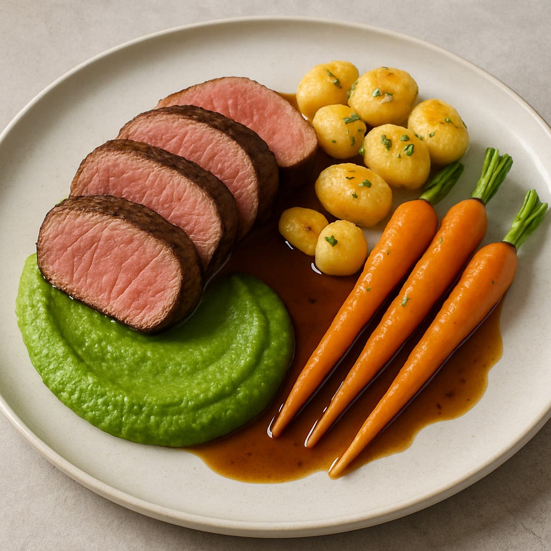 Sous-Vide Rinderfilet mit Erbsen-Puree, Kartoffel-Gnocchi und Baby-Möhren