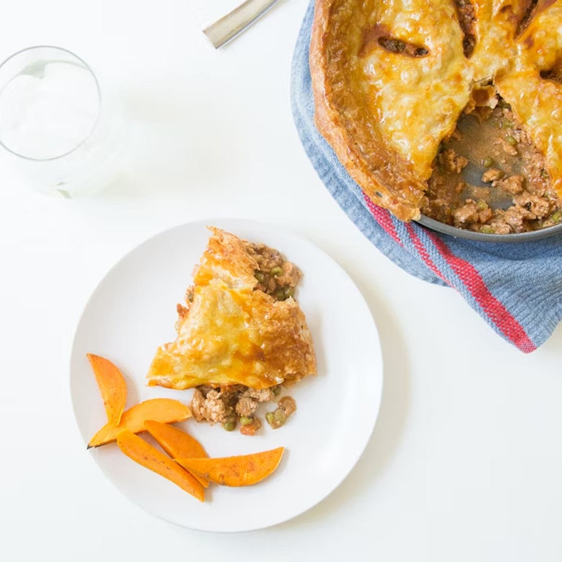 Curried Turkey Pot Pie with puff pastry / sweet potato wedges