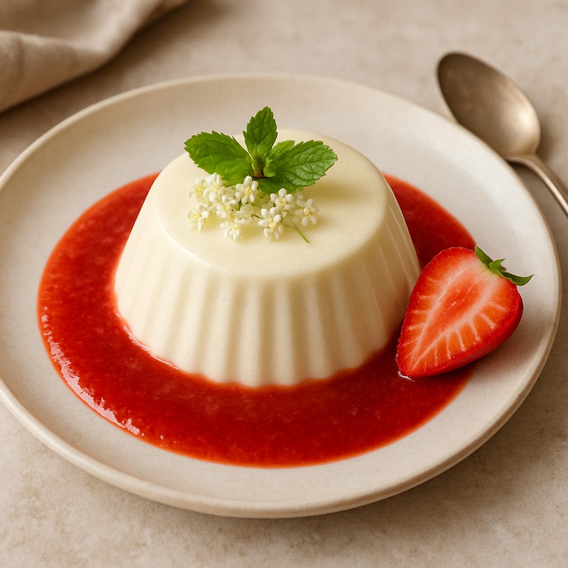 Elderflower Panna Cotta mit Erdbeer Coulis