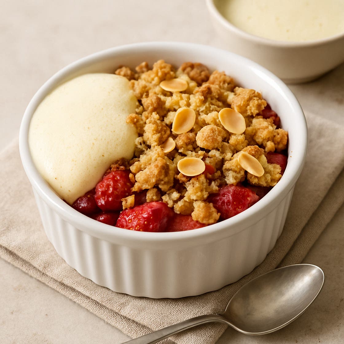 Erdbeer-Mandel-Crumble mit Vanilleschaum