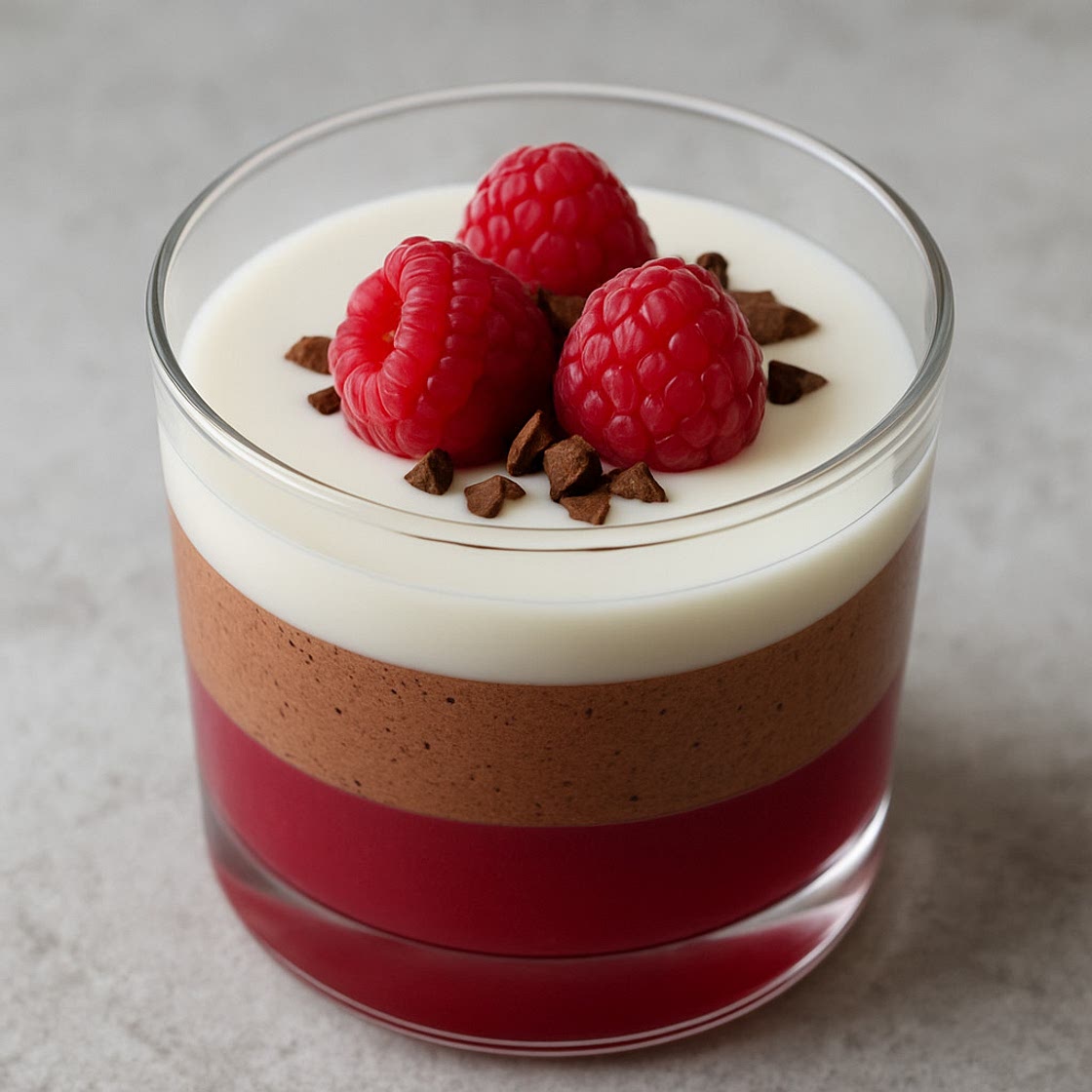 Schicht-Dessert mit Himbeer-Gel, Schokoladenmousse und Spiegelfondant