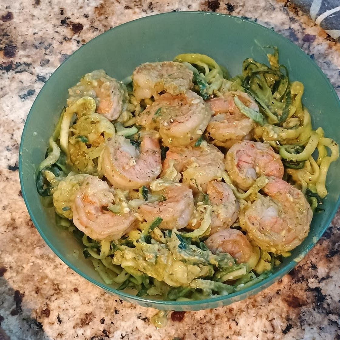 Zucchini Noodles with Avocado Pesto & Shrimp