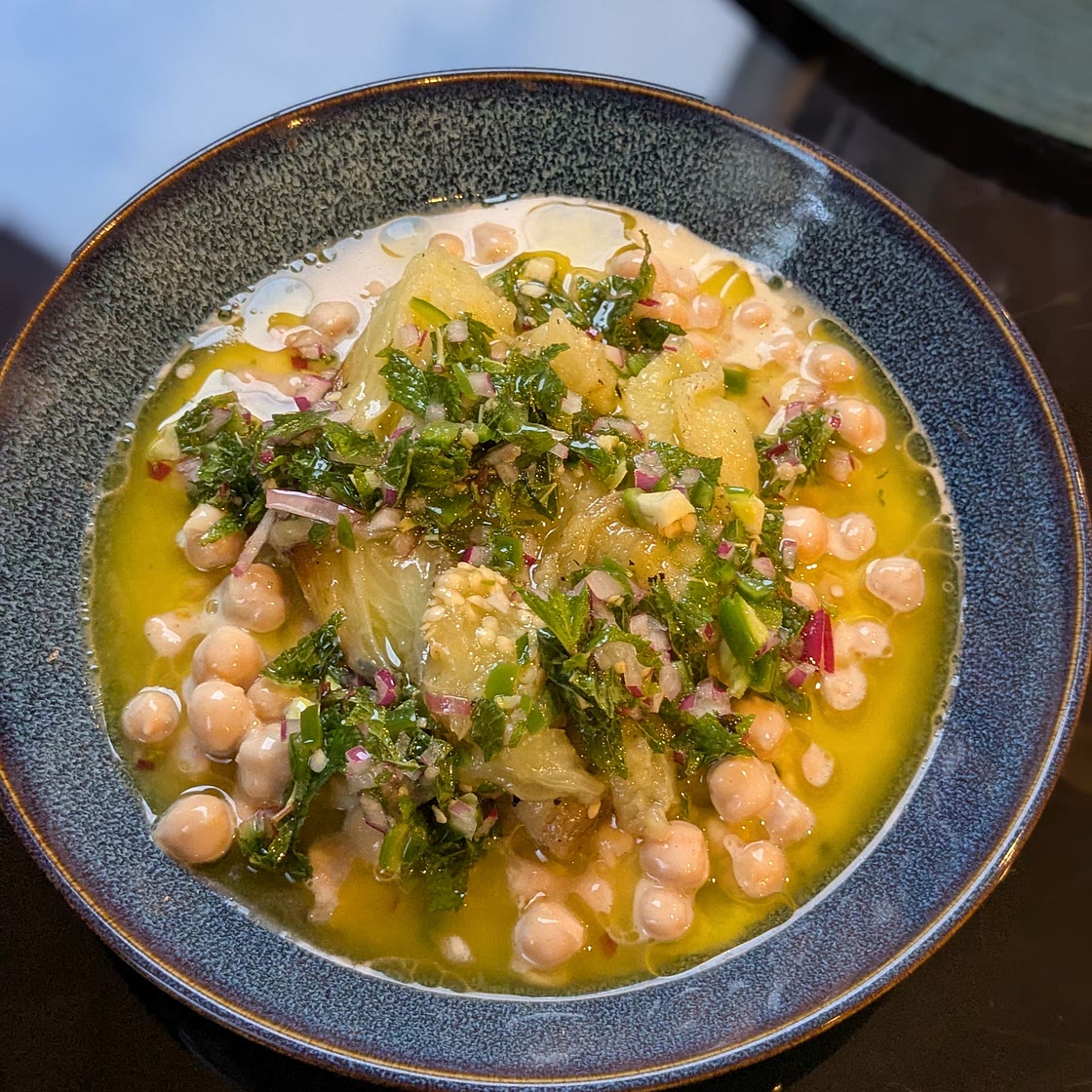 Charred aubergine, chickpeas, tahini and salsa