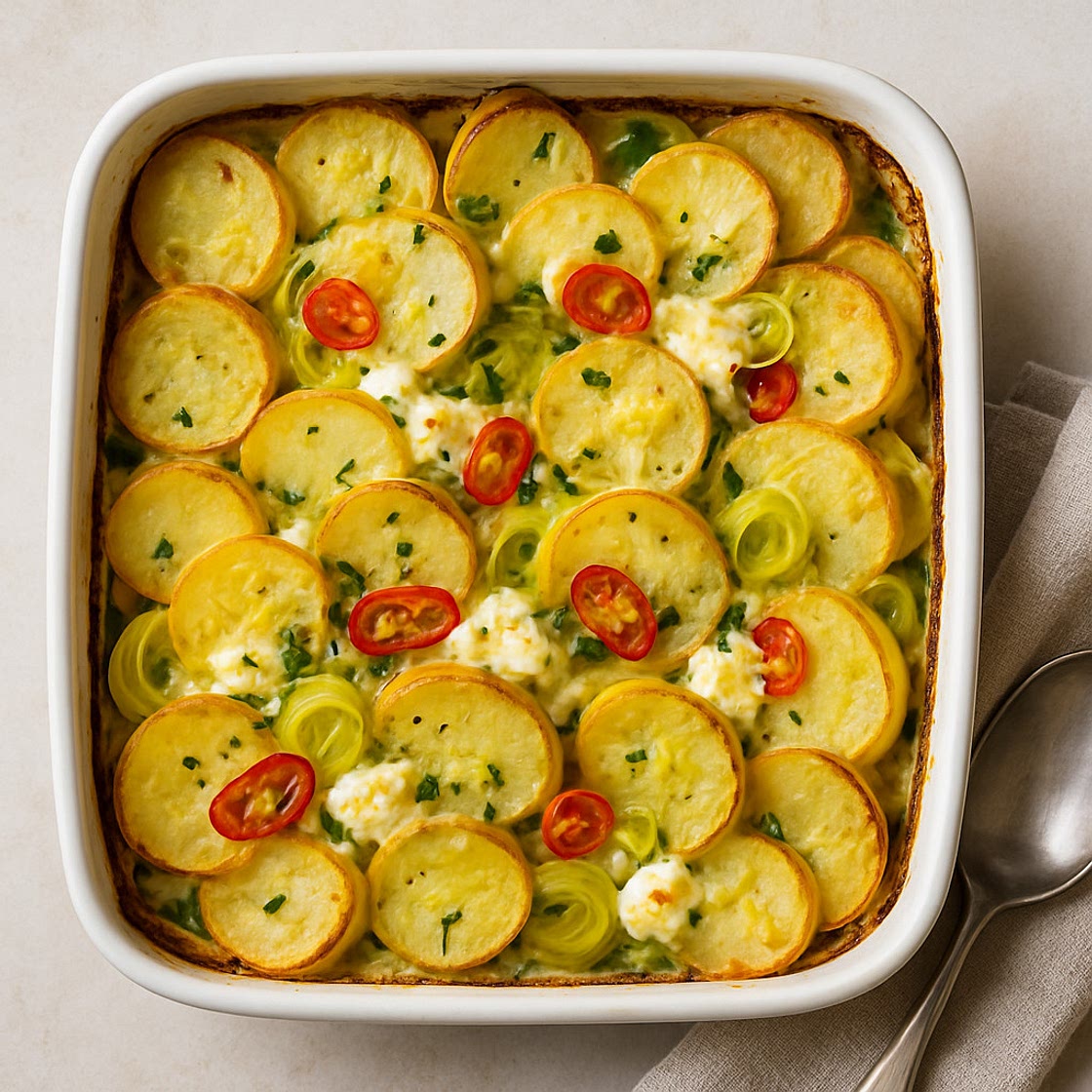 Kartoffel-Lauch-Gratin mit Ricotta, Ingwer und Chilli