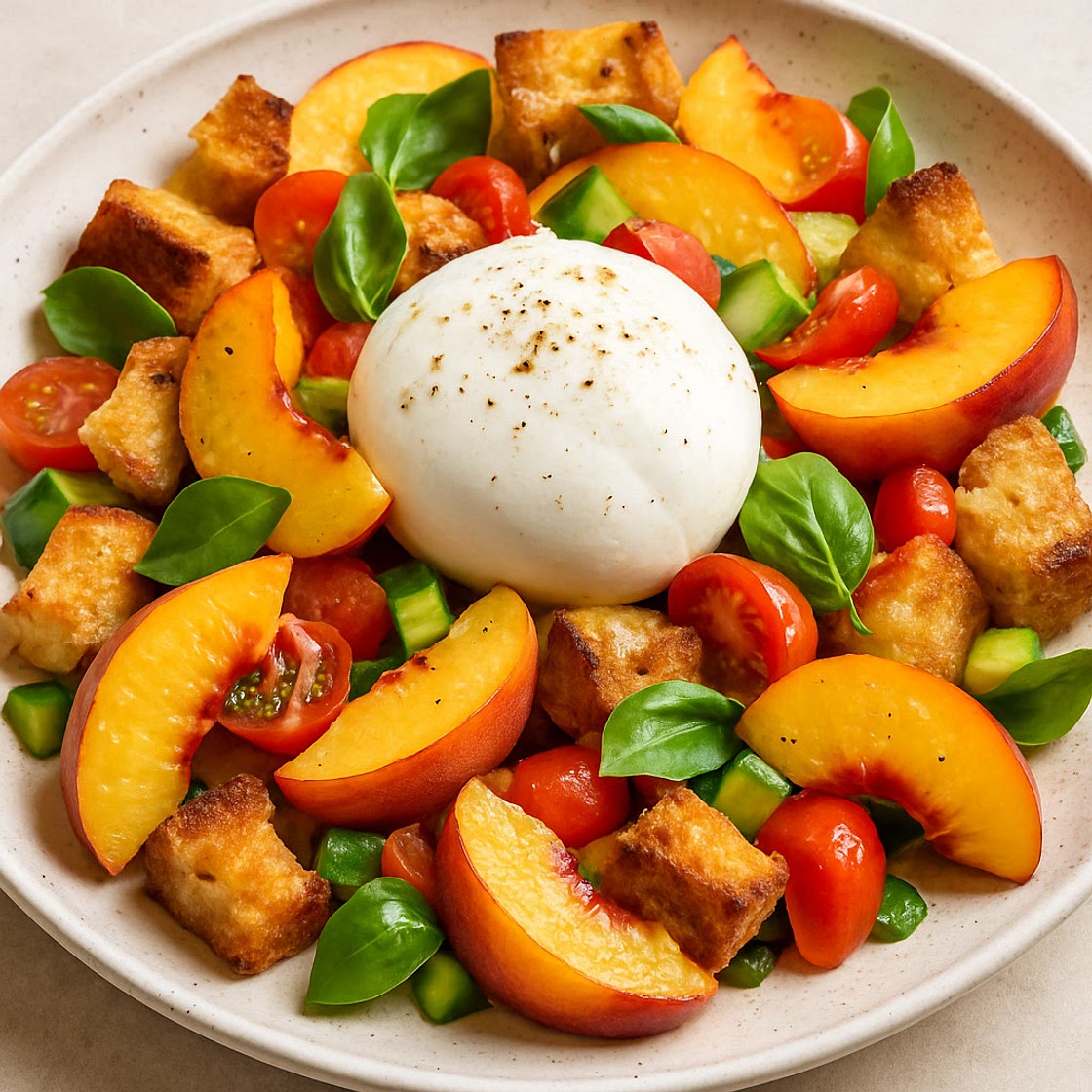 Panzanella with peaches and burrata