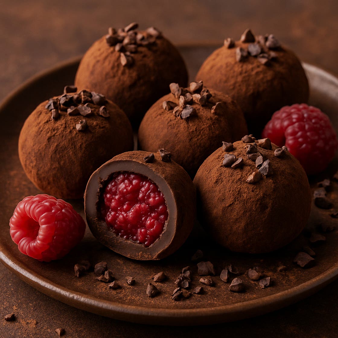 Schokoladen-Truffel mit Himbeerfüllung und Kakao-Nibs