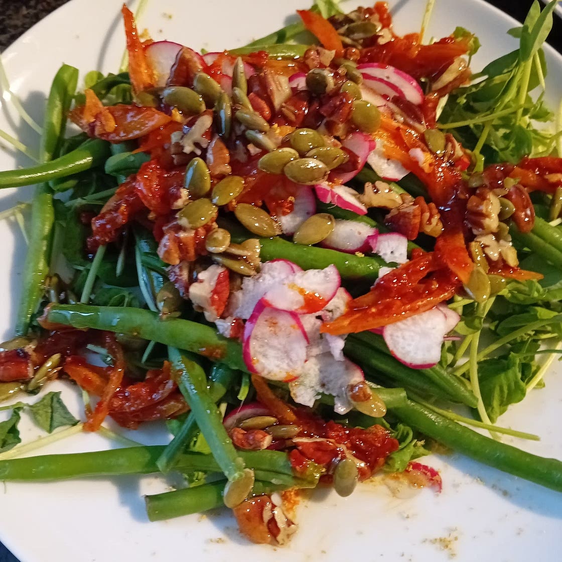 Harissa-dressed Pea Shoot And Green Bean Salad