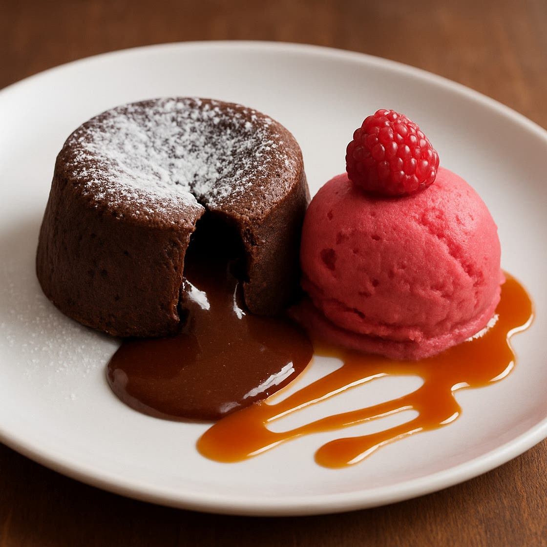 Schokoladen-Küchlein mit flüssigem Kern, Himbeer-Sorbet mit Karamellsauce