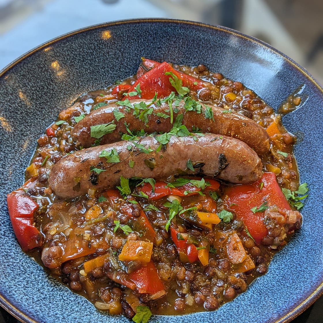 Braised Sausage and Puy Lentil