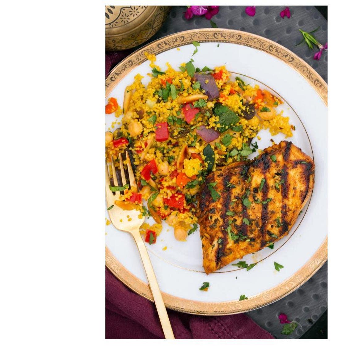Couscous with roasted vegetables, feta and chicken